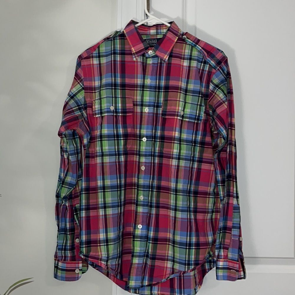 Polo by Ralph Lauren Military Safari Style pink blue Tartan plaid work shirt M